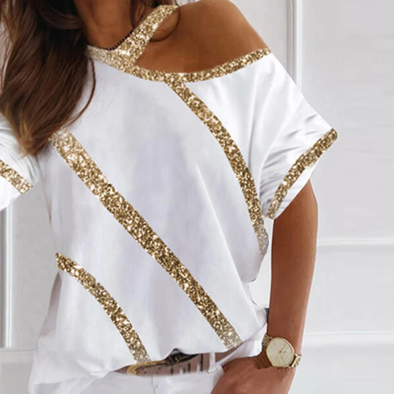 

Женская блузка с коротким рукавом, блестящая ажурная рубашка-пуловер на бретелях с винтажным принтом в полоску, весна-лето 2022