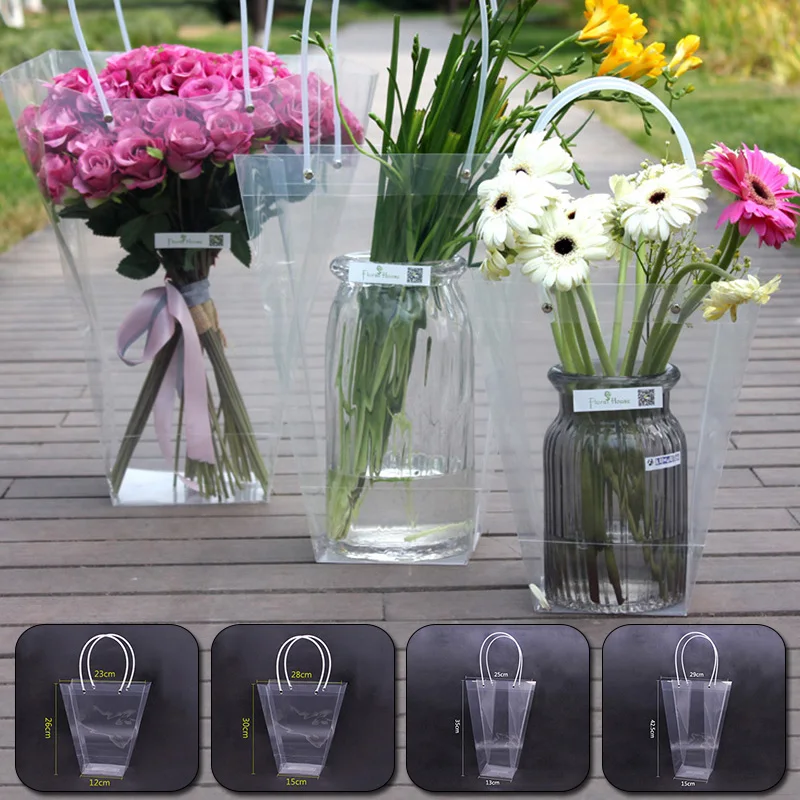 Transparent Trapezoid Flower Carrier Bag Plastic Pvc Bouquet Packing Succulent Plant Bag