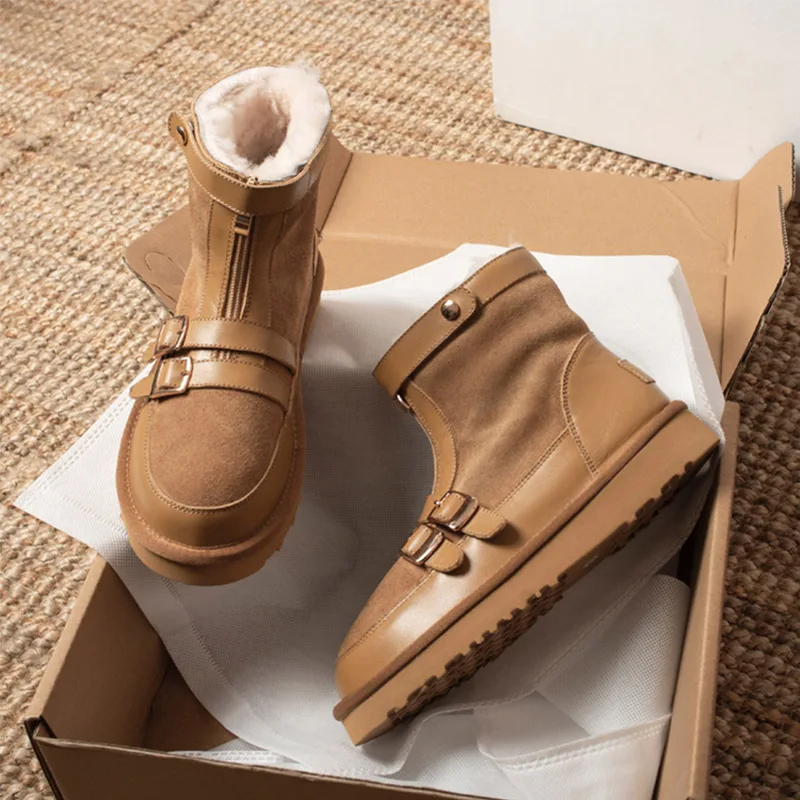 

Snow Botas With Hasp Fashion Designed 2021 Winter Leather And Fur Stitching Fleece And Thicken Ankle Boots For Women Ladies