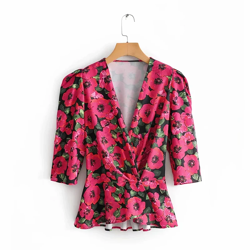 2019 женские шикарные цветочные печати Boho Za красная блузка летние с v образным