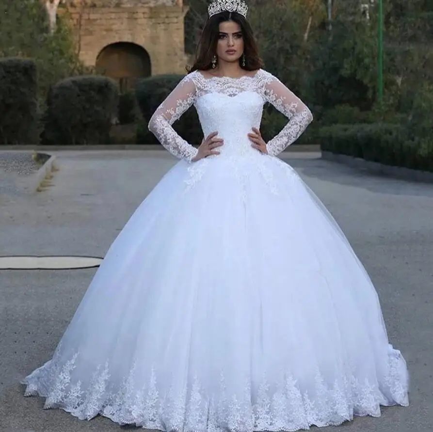 

Pure White Vintage Lace Wedding Dresses Ball Gown Appliques Long Sleeves Brial Gowns Bridal Dress robe de soiree Plus Size