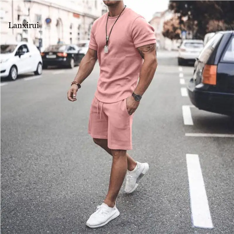 

Summer New Men Casual Shorts Sets Short Sleeve T Shirt +Shorts Solid Male Tracksuit Set Men's Brand Clothing 2 Pieces Sets