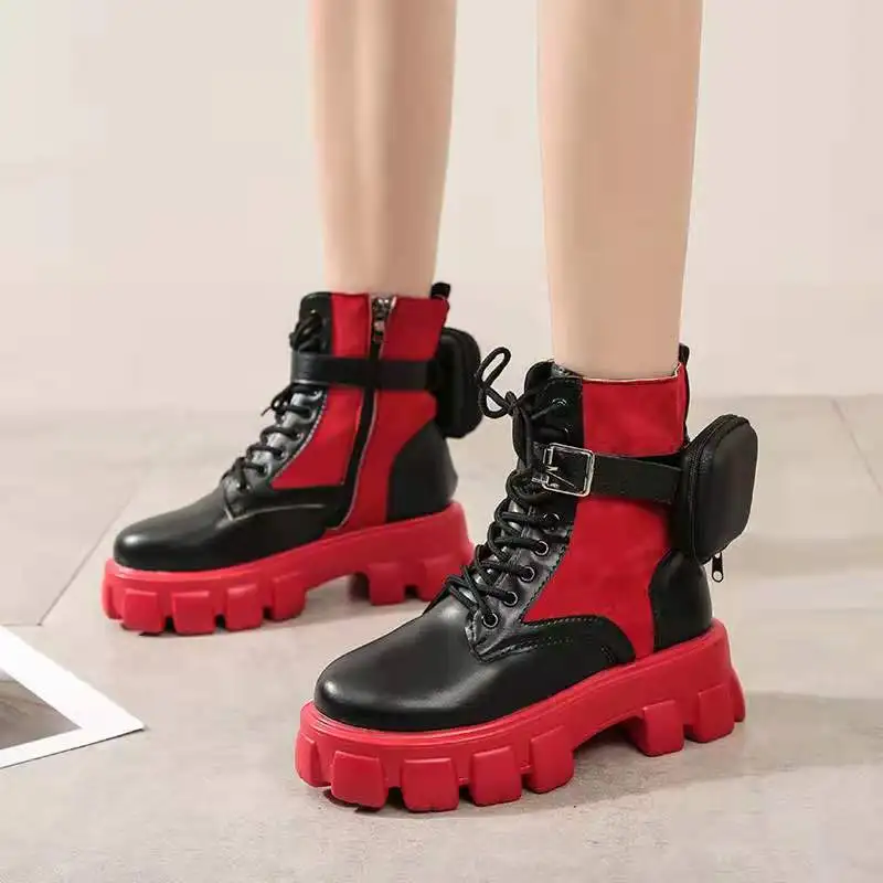 

2021 Motorcycle Women's Boots Winter Soft Leather Shoes Black Botas Wedges Female Lace Up Platforms Women White Botas Mujer
