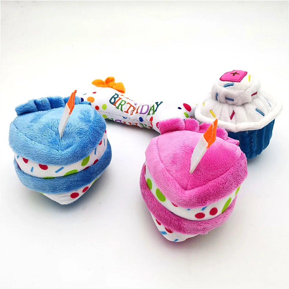 

Plush Birthday Cake Dog Toys Squeaky Bite-Resistant Clean Dog Chew Puppy Training Toy Birthday Gifts For Dog