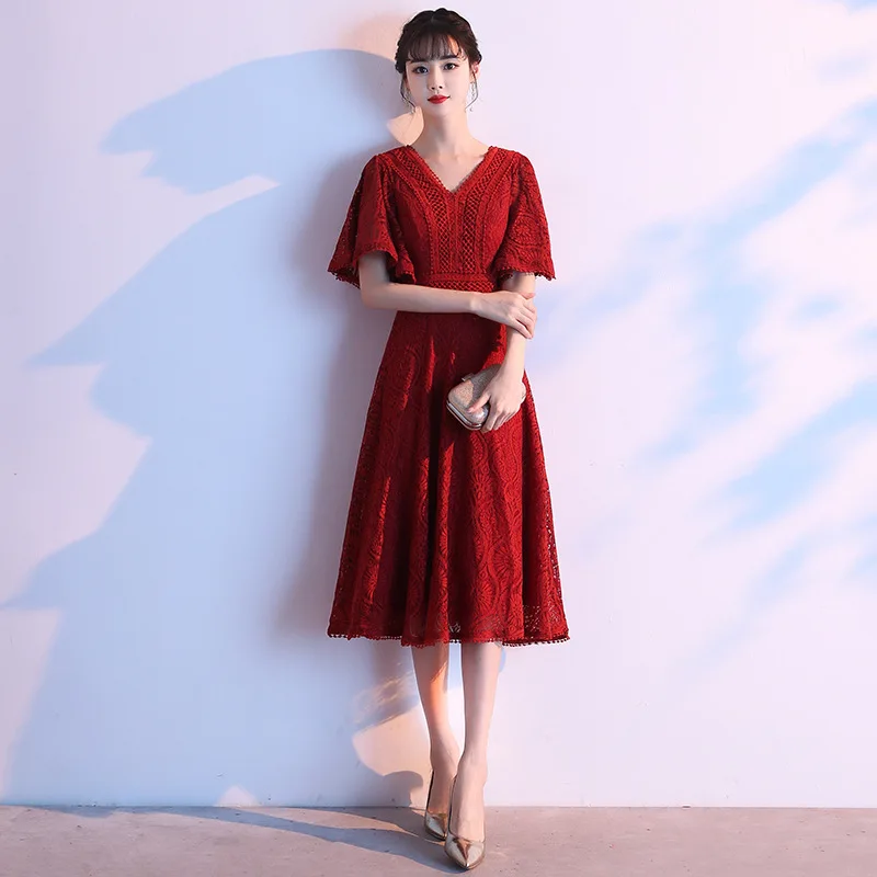 

Платье для выпускного вечера с V-образным вырезом, короткое бордовое модное ТРАПЕЦИЕВИДНОЕ ПЛАТЬЕ С Коротким Рукавом, qipao