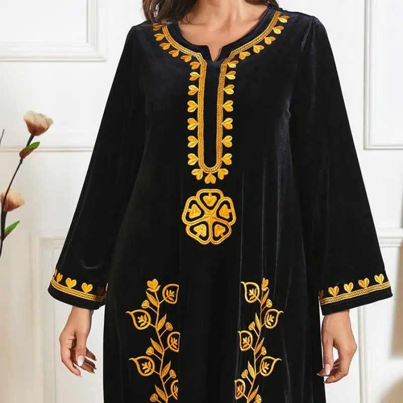

Abaya Oversized Women's Floral Thick Gold Thread Embroidery Autumn And Winter Long-sleeved Casual Loose Muslim Long Skirt