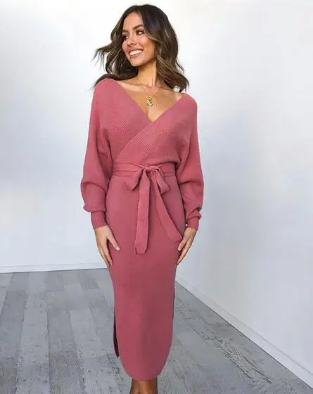 Длинное платье vestidos vestido Женское зимнее платье с длинным рукавом женское платье с v-образным вырезом трикотажные вечерние платья Длинные Сексуальные s m l xl - Цвет: 02