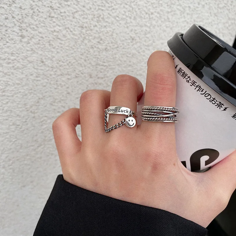 925 серебро удачи массивная цепочка подвеска кольца Регулируемый Винтаж улыбка