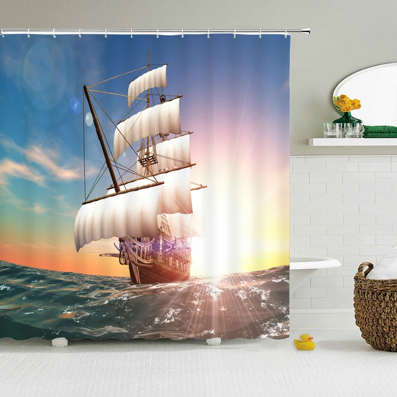 

3d printing Sailboat Flowers Bathroom Curtains Shower Curtain Bath Waterproof Polyester Cloth With Hooks Home Decor Bath Curtain