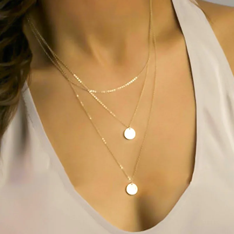 

Fashion Multilayer Round Sequins Choker Necklace Pendant Gold Silver Clavicle Sweater Chain Necklaces for Women Neck Jewelry
