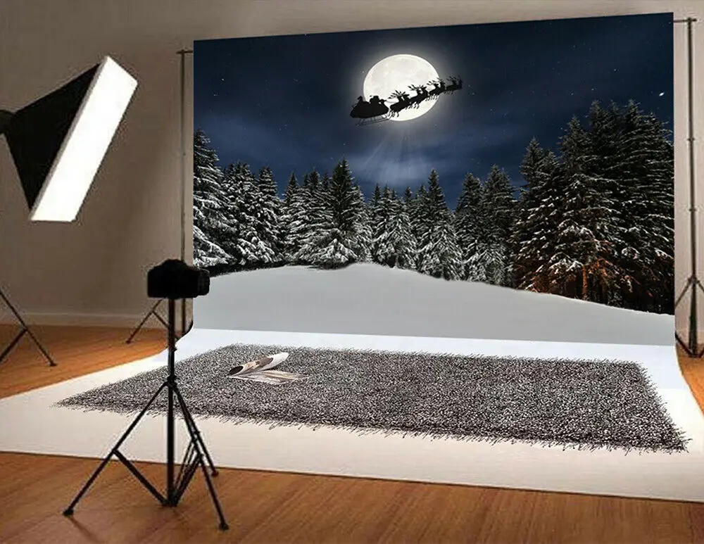 

Christmas Backdrop Photo Backdrop Santa Claus Snowfield Moonlight Backdrops Photography Props Background 7x5FT