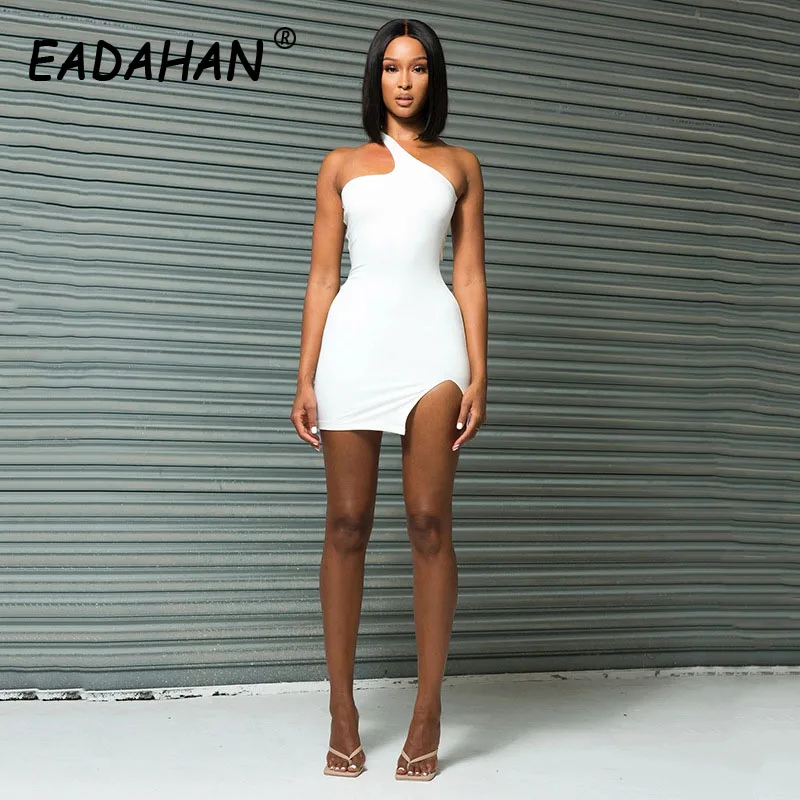 

EADAHAN summer Women Bandage Cross Slit Mini Dress One-shoulder Slanted Dress Bodycon Backless Sexy Streetwear Party Dress