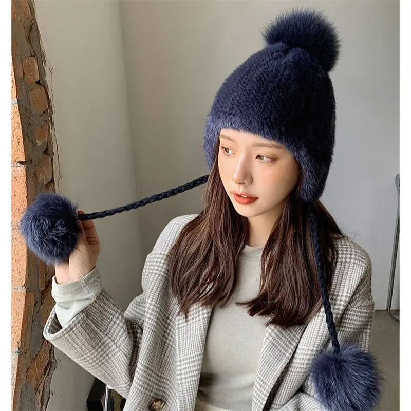 Natural Mink Fur Winter Hat For Women Girl Hat Knitted Beanies With Pom Pom Brand Thick Female Cap Skullies Bonnet