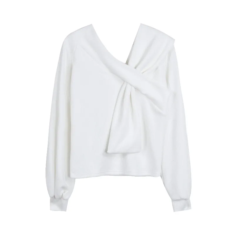 

Fashion Women Solid Color Knitted Pullover Female V Neck Casual Designed Sweater Tops Ruched Jumper Long Sleeve Loose Sweaters