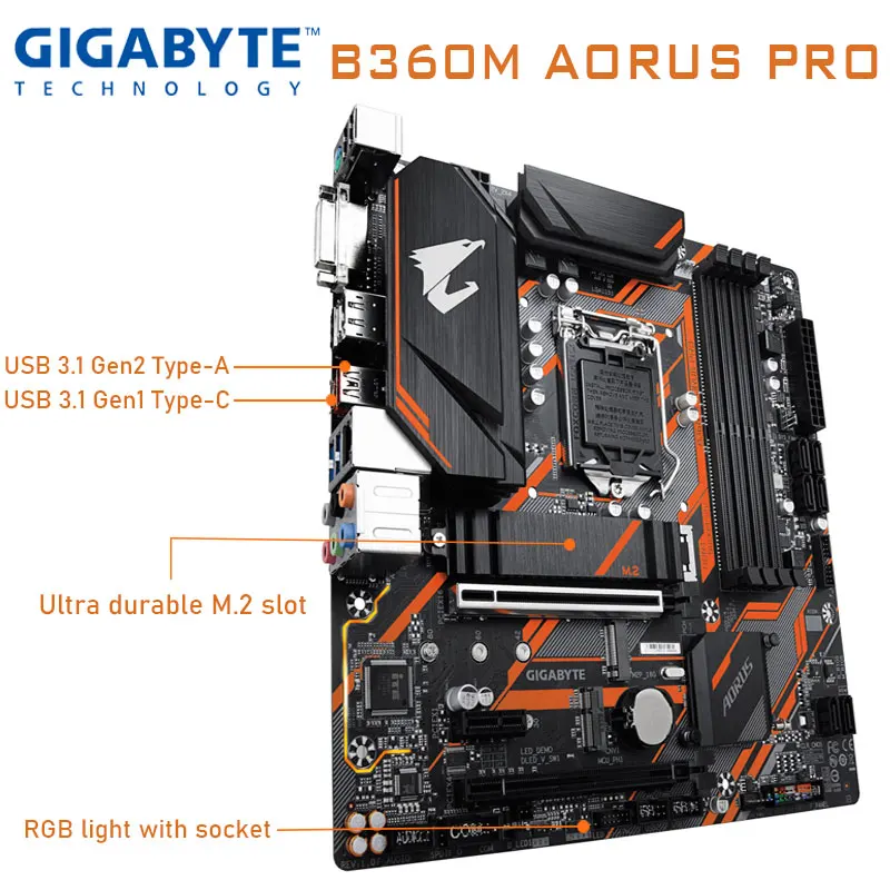 Bestellen Mainboard Gigabyte GA-B360M AORUS PRO Verwendet LGA 1151 8th 9th Gen DDR4 64gb PCI-E 3,0 X16 M.2 Chia Intel B360 Desktop Motherboard