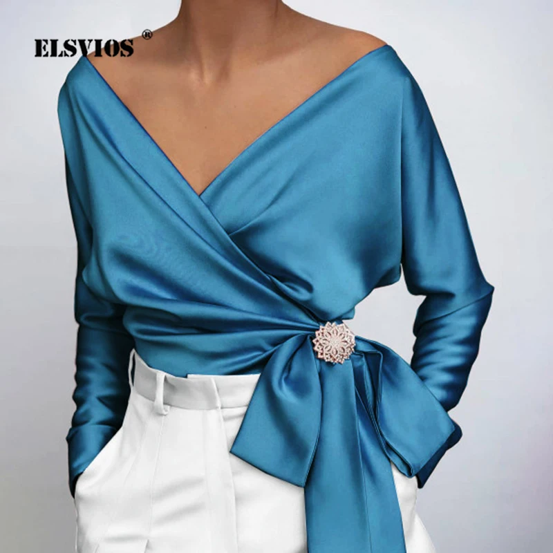 Пикантный тонкий однотонный топ с V-образным вырезом и длинным рукавом на