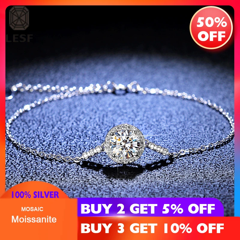 

LESF 1 карат муассанит 925 стерлингового серебра для женщин браслет Круглый браслет белый для драгоценных камней ювелирные изделия