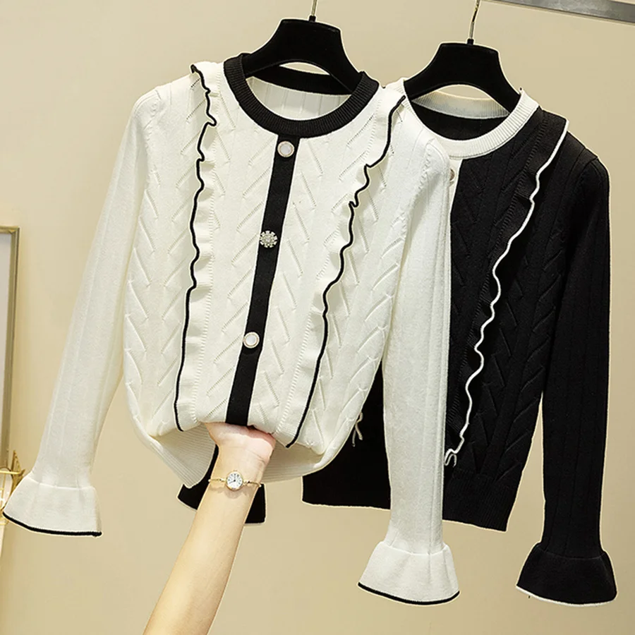 

SHEYIJUN Winter Clothes Ruffles Knitted Sweaters Pullovers Autumn Women Jumper Sweater Pull Femme Flare Sleeve Korean Tops 2021
