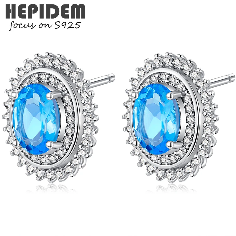 

HEPIDEM 100% Topaz 925 Sterling Silver Stud Earrings 2022 New Trend Women Blue Stone Gem Gemstones Gift S925 Fine Jewelry 5053