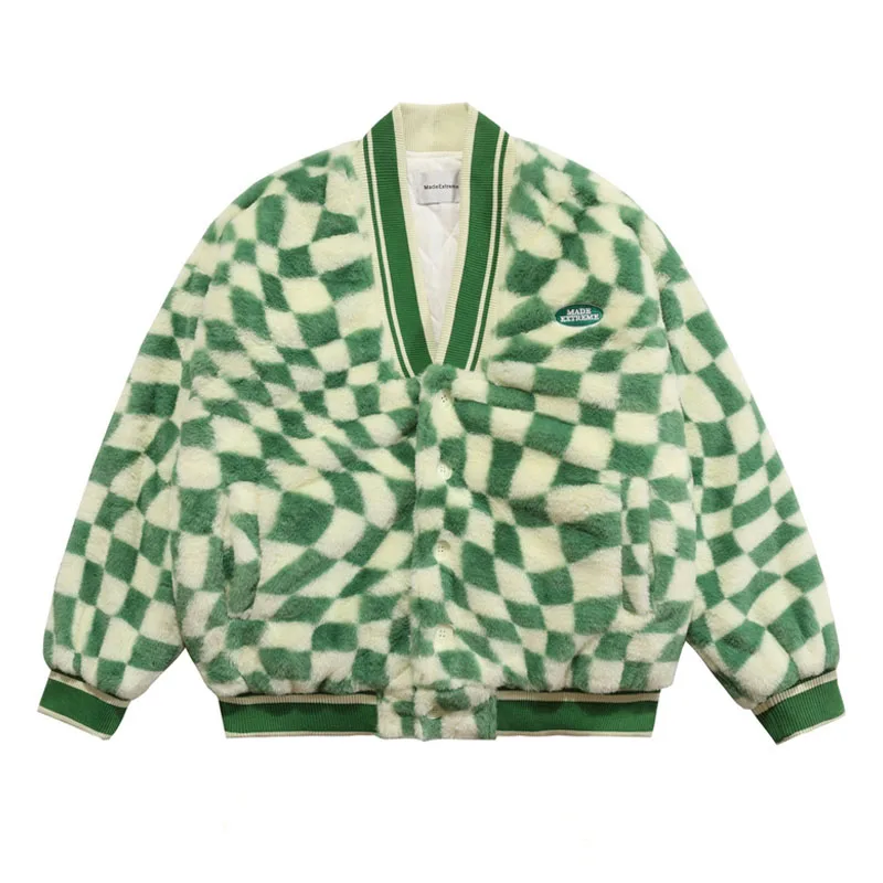 

Hip Hop Lamb Wool Padded Jacket Men Checkerboard Square Fleece Quilted Coats Vintage Casual Oversized Outwear Unisex Streetwear
