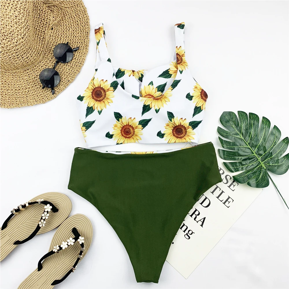 Высокая талия бикини женский цветочный принт Купальник укороченный топ