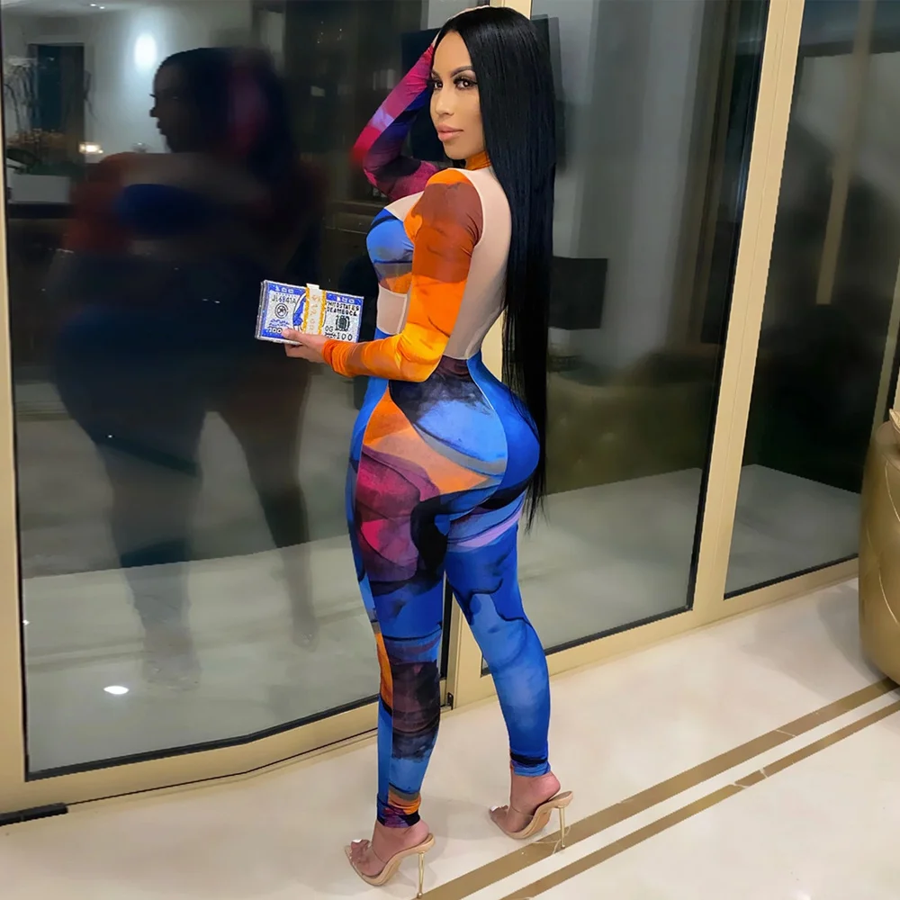 

Geometric Pattern Mesh Stitching Women Rompers Sexy High Necked Long Sleeve Skinny Jumpsuit Hip Hop Spring See Through Catsuits
