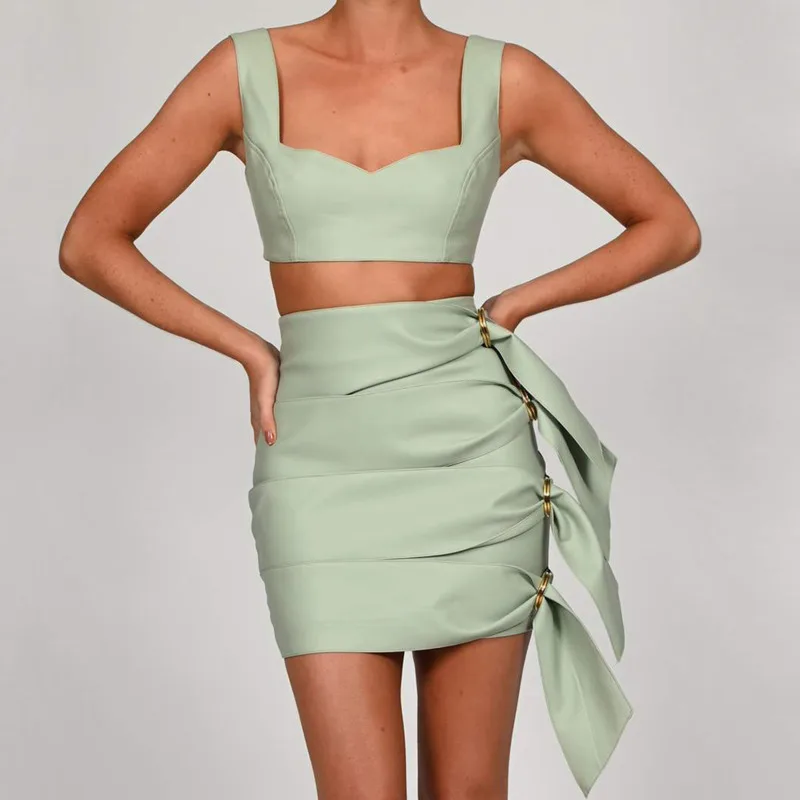 

PU leather skirt suit women summer 2021 new fashion crop sexy solid color skirts suit