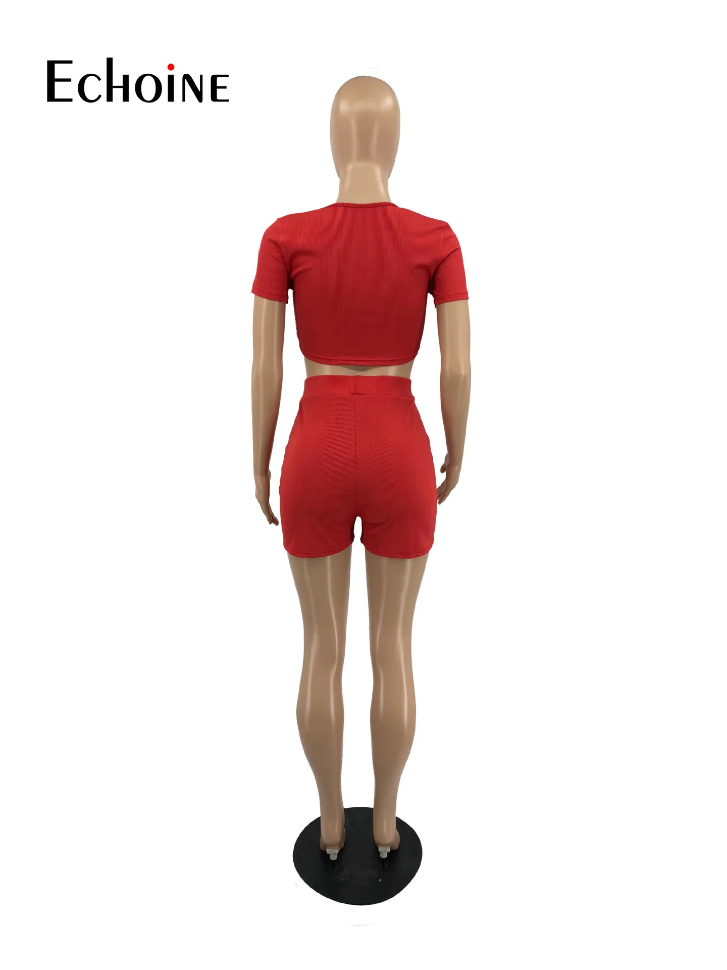 

Echoine Women Tracksuit V Neck Pleated Short Sleeve Crop Top and Skinny Short Summer Solid Female Fitness 2 Piece set Outfits