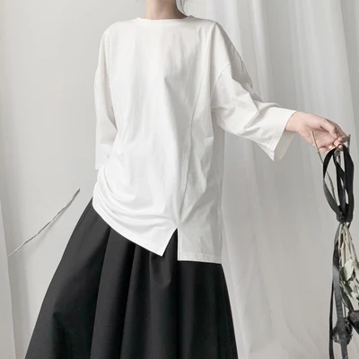 

Women White Vent Asymmetrical Big Size T-shirt New Round Neck Three-quarter Sleeve Fashion Spring Autumn 2020 19A-a656