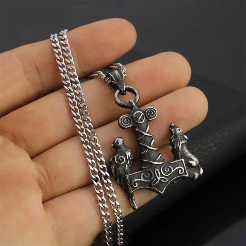 

Viking raven wolf pendant necklace stainless steel hammer pendant men and women fashion accessories viking jewelry