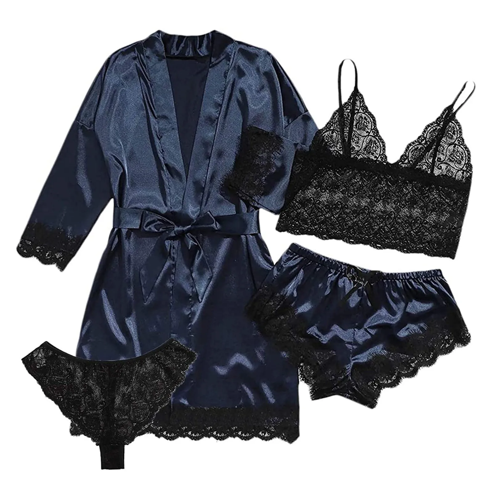 

Women's Pajama Sets 4-piece Women Sexy Garter Lingerie Set Robes V-neck Lace Bodysuit Comfortable Underwears Sleepwear Women Set