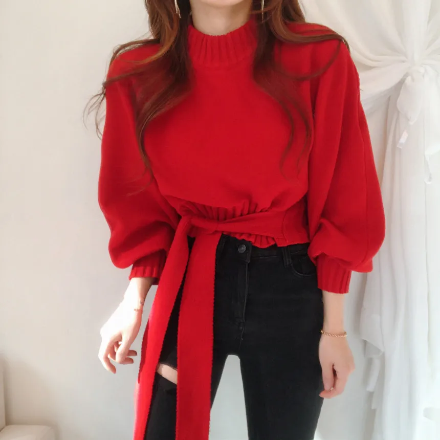 

Women Chic Zipper Sexy Strapless Turtleneck Drawstring Sweaters Lantern Sleeve Knitted Pullovers Solid Slim Waist Tops PL368