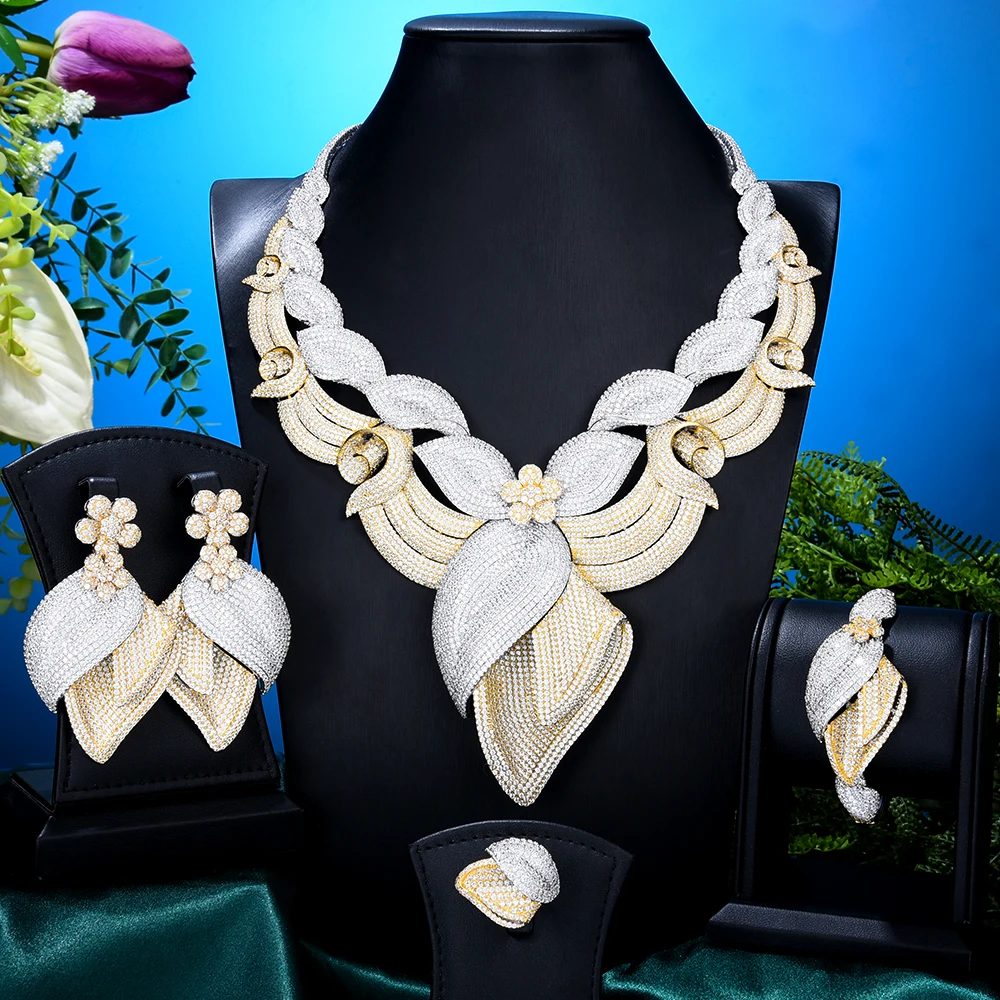 

Brand 4PCS New Luxury Big Bloom Flowers Jewelry Set african For Women Wedding African Cubic Zirconia Dubai Bridal jewellery set