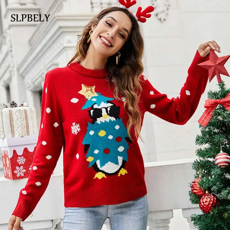 

SLPBELY Рождественский красный свитер для женщин новогодние пуловеры с длинным рукавом с мультяшным рисунком зимние Джемперы свитер вязаный с...