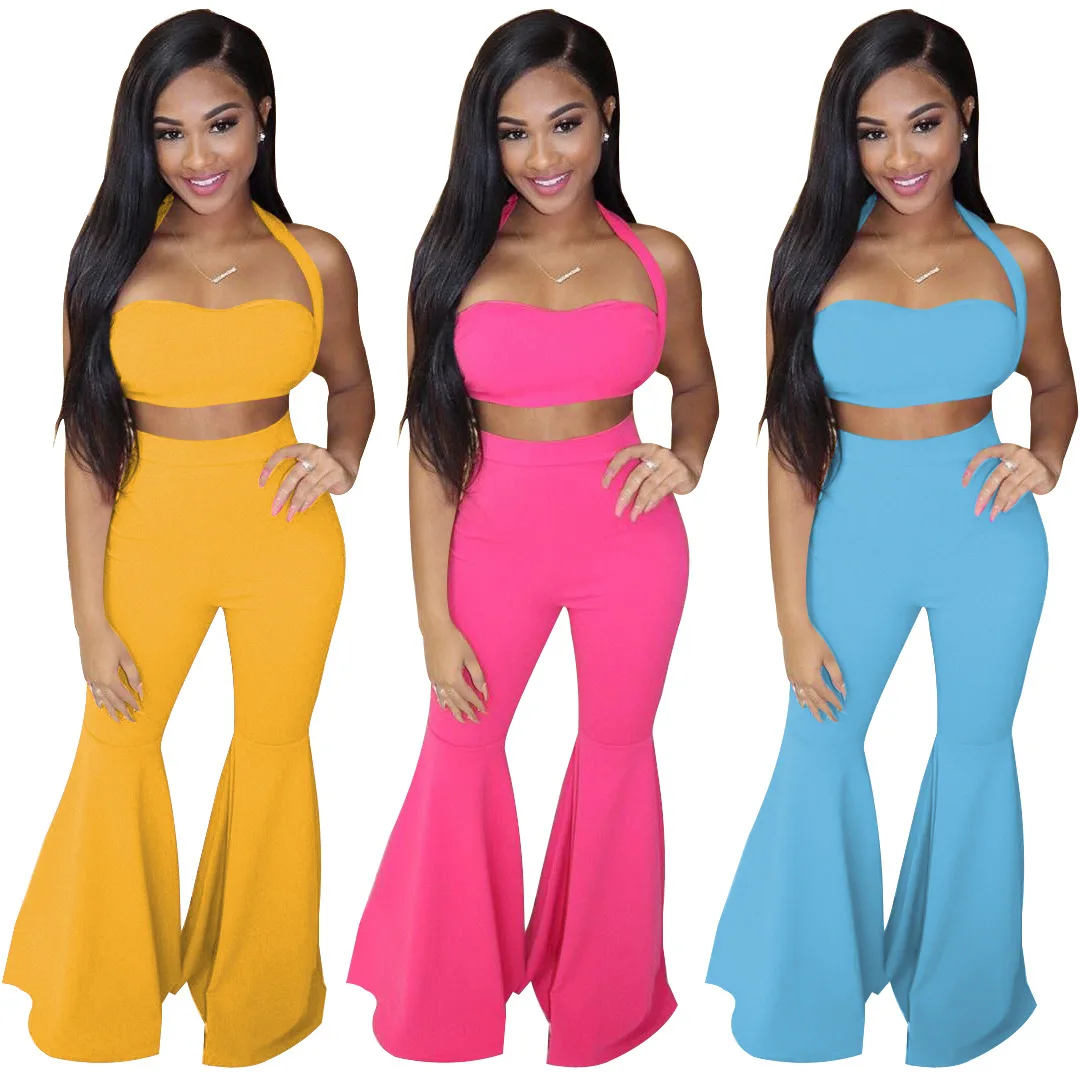 Новый женский короткий топ с бретелькой через шею широкие штаны костюм из двух