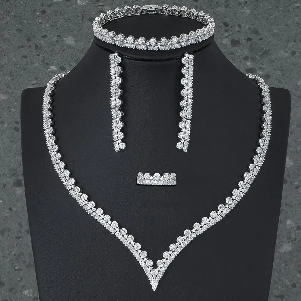 

ModemAngel Luxury Flower AAA Cubic Zirconia Necklace Bangle Earring Ring Fashion Set Women Dress Engagement Wedding Bridal