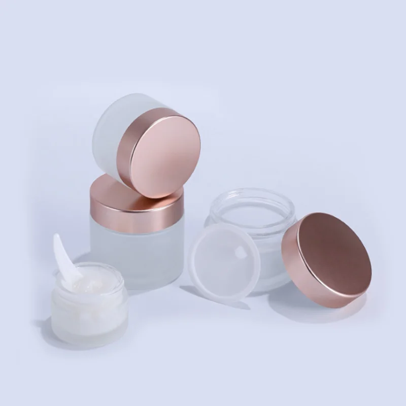 

2oz 10 gram 15ml 50ml 50g 20g frosted luxury pink rose gold glass cream jar cosmetic packaging for cosmetic with lids