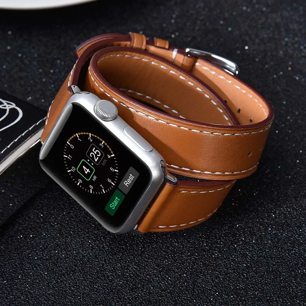 

Double Tour Strap for Apple watch band 44mm/40mm 42mm/38mm Genuine Leather watchband belt bracelet iWatch serie 4 3 se 6 7 band