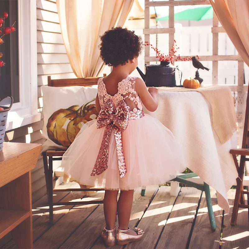 

New Backless Teenage Party Sequin Princess Children Costume for Kids Clothes Pink White Girls Summer Dress