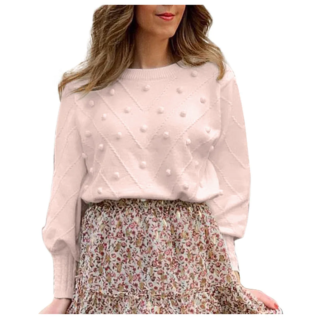 Однотонный женский свитер зимний теплый пуловер с круглым вырезом вязаный