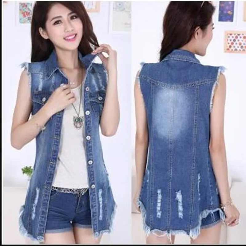 Жилет женский длинный из джинсовой ткани с блестками и дырками большого размера