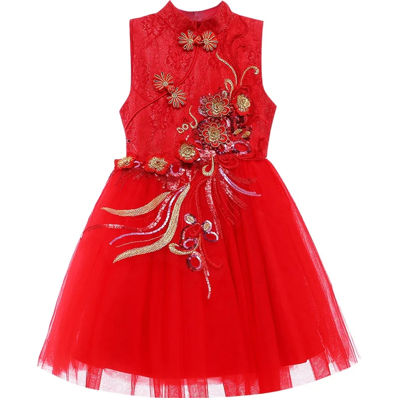 

Red Cheongsam Age For 4 - 14 Years Teenage Girls 2021 Chinese New Years Red Clothes Sleeveless Dress Buttons Qipao Kids Frocks