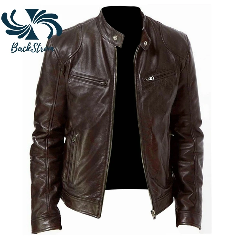 

2021 Men's Leather New Fashion PU Coat Stand Collar Slim Zip Leather Jacket