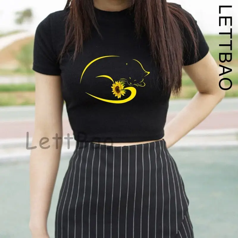 

Кроп-Топ женский с круглым вырезом, Повседневная Свободная футболка с коротким рукавом, с подсолнухами, однотонный белый и черный цвета, лет...