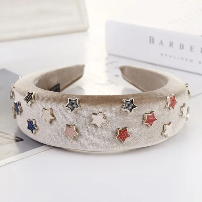 Women Retro Thick Sponge Padded Headband Metal Pentagram Star Rivet Embellished Wide Hair Hoop Velvet Wrapped Styling Headwear |