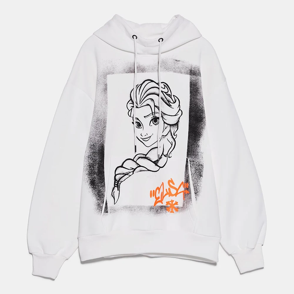 2019 Autumn and Winter Women's Pullover ZA Ice Romance Aisha Princess Print Adjustable Hooded Long-sleeved Sweatshirt Top | Женская