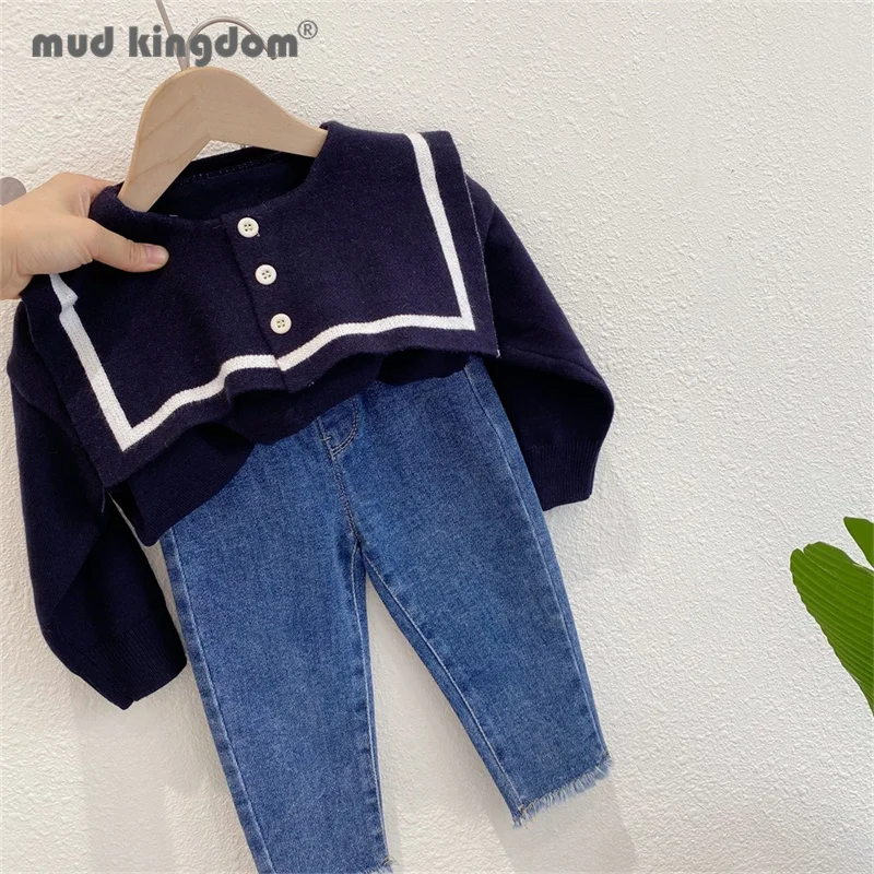 

Mudkingdom Girl Pullover Sweater Fashion Sailor Collar Solid Long Sleeve Loose Fit Tops for Toddler Spring Autumn Kids Clothes