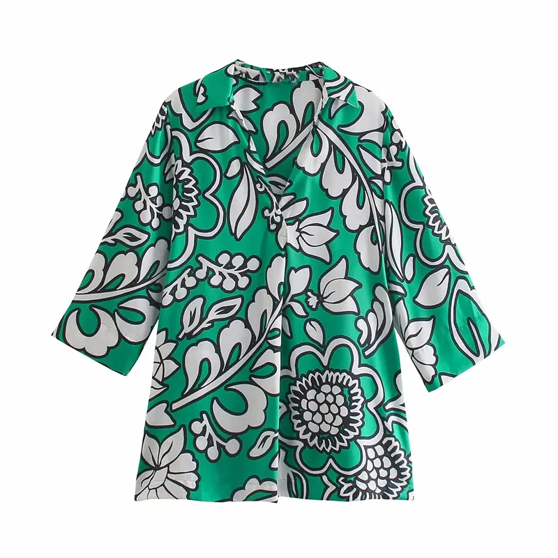 

Merodi летние шикарные леди цветочный принт Za зеленые длинные рубашки женские отложной воротник V-образный вырез 2021 новая свободная блузка