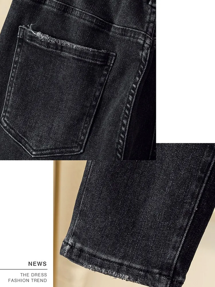 

JUJULAND woman plus size black jeans loose hole Straight leg jeans with elastic waistline high quality jeans harem jeans 2077