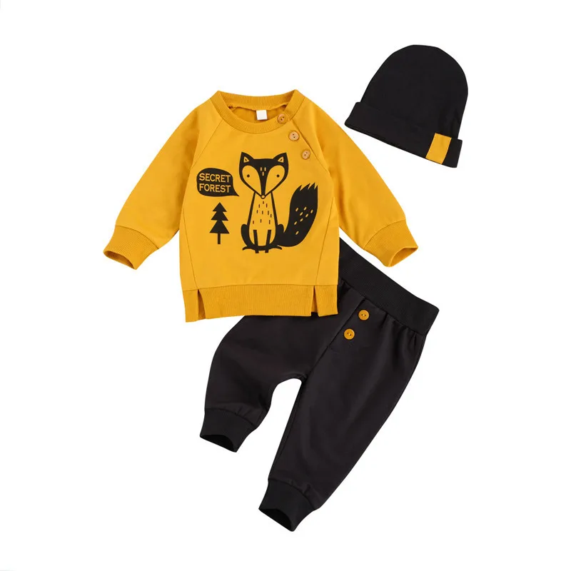Newborn Baby Long Sleeve Hoodies Long Pants Suit Autumn Girl Boy Fox Printed Clothes Set Round Collar Outfits with Hat Tracksuit